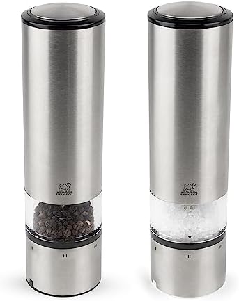 Peugeot - Elis Sense u'Select Electric Salt and Pepper Mill Set - Adjustable Grinders, Battery Powered - Blue LED Light, Stainless Steel, 8-inches