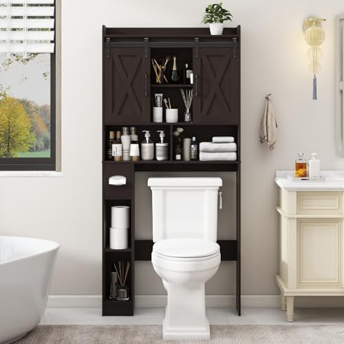 Farmhouse Over The Toilet Storage Cabinet with Sliding Doors & Toilet Paper Holder - Space-Saving Toilet Rack for Bathroom, Laundry & Restroom