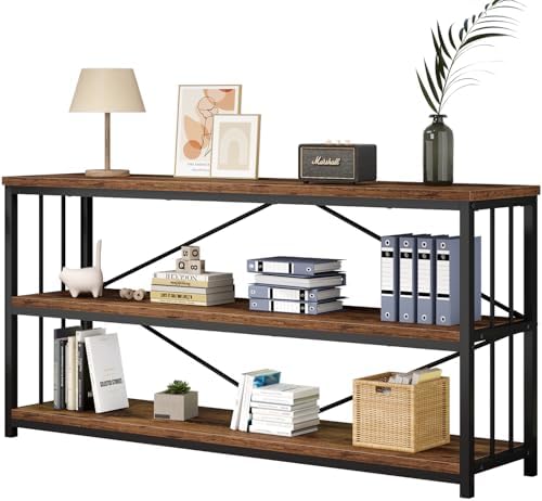 IBF Low Rustic 3 Tier Bookshelf, Industrial Horizontal Wood Bookcase, Farmhouse Long Wide Open Metal Etagere, Modern Large Vintage Book Shelf for Home Office Bedroom Living Room, Rustic Brown, 63 Inch