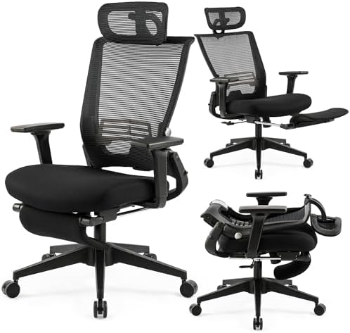 Foldable Office Chair with Foot Rest, Ergonomic Office Chair with Adjustable Lumbar Support, Headrest, Armrest, Home Office Desk Chairs for Space Saving, Work from Home, Black