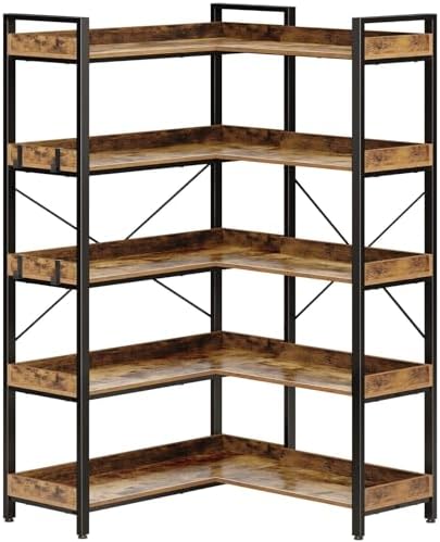 Rolanstar Bookshelf 5 Tier with 4 Hooks, Reversible Corner Bookshelf, 65" Industrial Wooden Bookcase with Open Shelves and Metal Frame for Living Room, Bedroom, Home Office, Rustic Brown