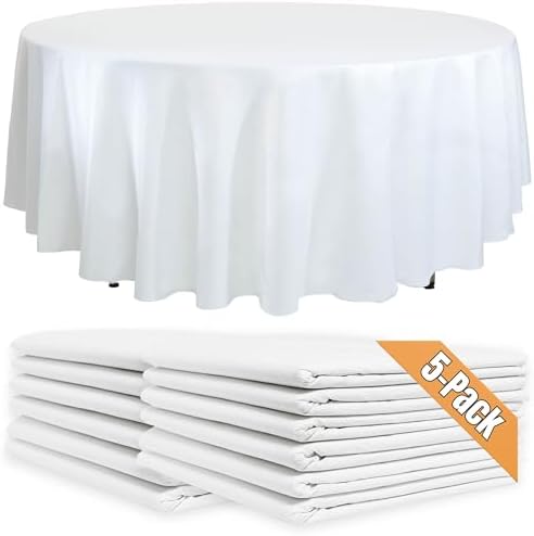 5-Pack White Round Paper Tablecloths Disposable | 82in Table Cloth Round Cover with Plastic Backing | Elegant and Easy Cleanup Table Cover