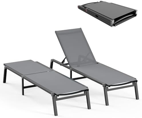 Patio Chaise Lounge Chair, Foldable Lounge Chair for Outside, Aluminum Chairs Set of 2 with 5 Adjustable Backrest, Outdoor Pool Lounger for Poolside, Lawn, Deck, Grey