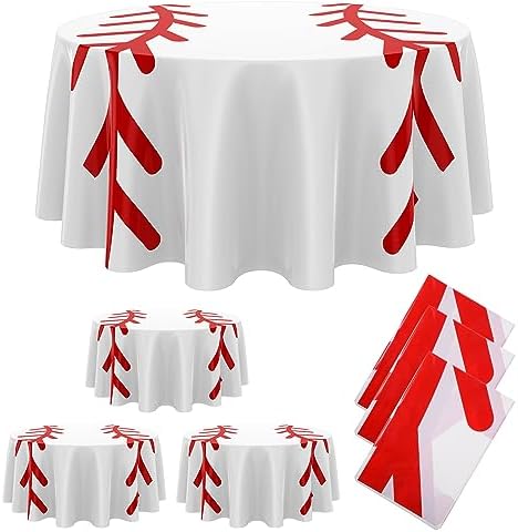 Oudain 6 Pcs Round Baseball Tablecloth 84" Plastic Red White Baseball Tablecloth Disposable Circle Softball Sports Table Cloth Art Design Thread Decoration for Dining Wedding Birthday Party