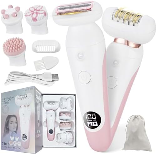 5 in 1 Electric Shaver for Women,Epilators Hair Removal for Women's Body, Electric Razor for Women Legs Public Area Bikini Trimmer, Face Scrubber, Facial Cleaning Brush Dry Wet Gift Set (Pink)