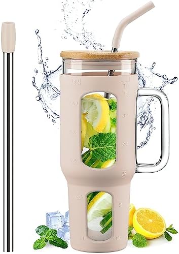 Glass Tumbler with Lid and Straw, 46 oz Iced Coffee Cup with Handle, Glass Water Bottles with Silicone Sleeve, Glass Cup with Straws - Pearl Straw & Drinking Straw BPA Free-Amber