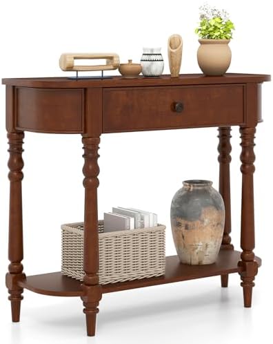 Giantex 2-Tier Console Table, 36" Retro Entryway Table with Storage Drawer & Elegant Legs, Narrow Wooden Sofa Table with Open Shelf for Living Room, Foyer, Hallway, Bedroom, Entrance (Brown)