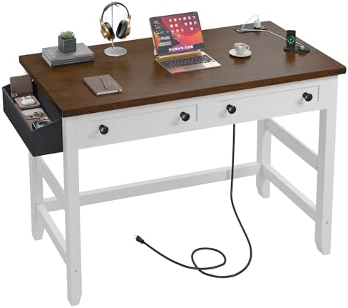 EnHomee 40" Computer Desk with Drawers, Small Desk with Power Outlets for Bedroom and Home Office, Writing Desk with Drawers and a Side Pocket, Vanity Desks for Bedroom, Brown+White