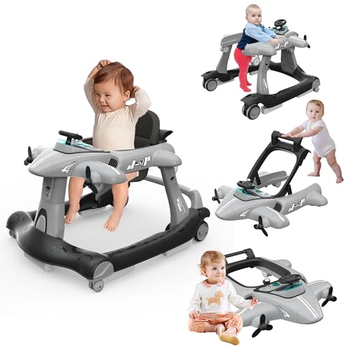 6-in-1 Foldable Baby Walker with Adjustable Height & Speed, Airplane-Themed Activity Push Walker with Music & Lights, Wheels, Anti-Slip Design, Suitable for Boys & Girls Aged 6-18 Months