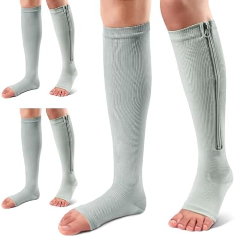 Ailaka 3 Pairs Compression Socks with Zipper, 15-20 mmHg Medical Knee High Compression Socks for Men Women, Open Toe Socks for Varicose Veins, Edema, Recovery