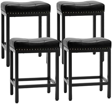 Sweetcrispy Bar Stools Set of 4, 24 Inch Counter Height Stools, PU Leather Upholstered Bar Chairs with Footrest, Modern Bar Stools for Kitchen Island, Dining, Living Room, Black