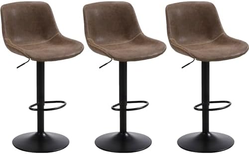 Bar Stools, Swivel Counter Height Barstools with Back, Adjustable Modern Bar Chairs, Tall Armless PU Leather Kitchen Island Stool (Brown, Set of 3)