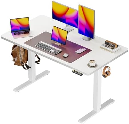 Huuger 48 x 28 Large Electric Standing Desk, Height Adjustable Desk, 27.6" Deep Desktop, Stand up Gaming, 2 Hooks, 3 Preset Heights, for Home Office, White