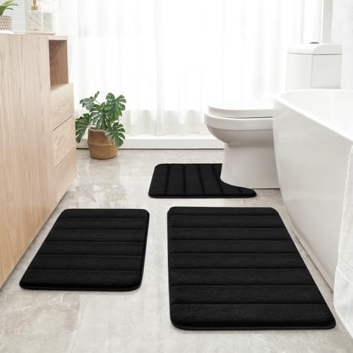 HOMEIDEAS 3 Piece Memory Foam Bath Mat, Upgraded Absorbent Soft Washable Toilet Bathroom Rugs Set (Black,17"x24"+20"x32"+U Shape 20"x24")