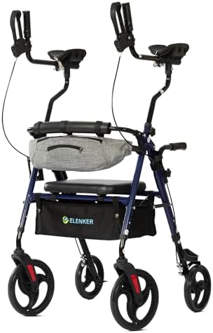 ELENKER Upright Rollator Walker, Stand Up Walkers for Seniors with Armrest, Front Pouch, 10”Wheels, Sponge Padded Seat and Backrest, Fully Adjustment Frame, Blue