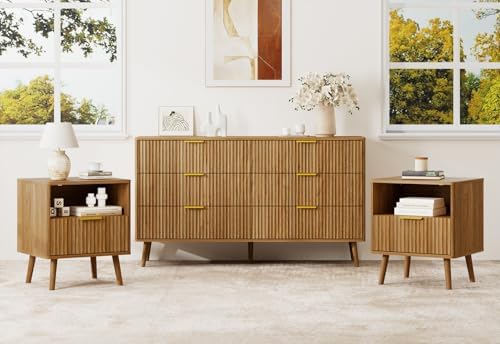 LYNSOM Fluted Dresser and Nightstand Set, 3 Pieces Bedroom Set, 55 Inch Wide 6-Drawer Dresser & 1-Drawer Nightstands Set of 2, Modern Dressers Set for Bedroom, Hallway, Natural Oak