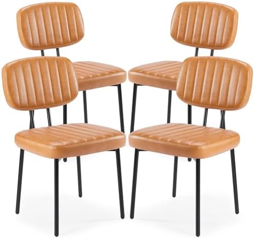 Sweetcrispy Dining Chairs Set of 4, Upholstered Mid Century Modern Kitchen Dining Room Accent Chairs with Faux Leather Cushion Seat & Metal Legs for Kitchen, Living Room - Brown