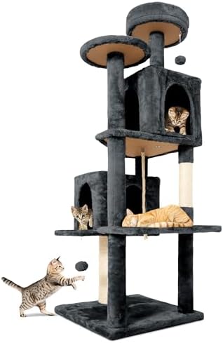 58.5inch Large Cat Tree Tower Condo for Indoor Cats, Soft Plush Multi-Level Climbing Tree Cat House with 1 360° Rotating Cat Cave, Scratching Post, More Entrance/Exit, Sisal Rope, Grey Black