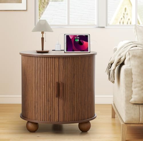 AVZEAR 24" Large Round End Table with Charging Station, Farmhouse Fluted Sofa Side Table with Sliding Tambour Door & Storage, Mid-Century Wood Nightstand for Living Room, Bedroom, Walnut