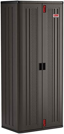 Suncast 19 Cubic Ft. Heavy-Duty Resin Cabinet with Lockable Handles, Multi-Wall Construction, and Metal-Reinforced Shelves for Basement, Utility Room and Garage Storage, Black, Made in the USA