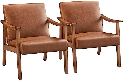 Yaheetech PU Leather Accent Chair, Mid-Century Modern Armchair with Solid Wood Legs, Reading Leisure Chair for Living Room Bedroom Waiting Room, Light Brown, Set of 2