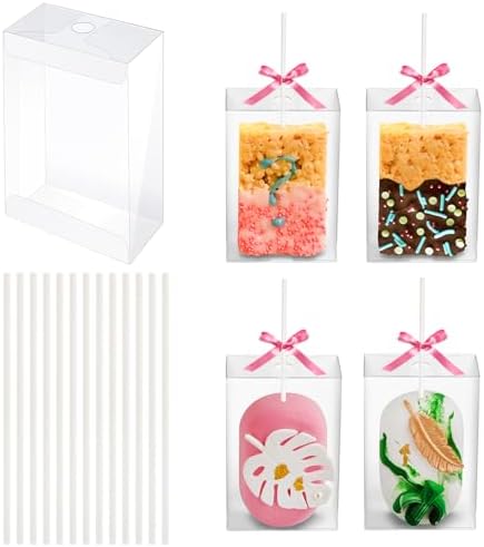 35 Pack Rice Krispy Treats Boxes with Sticks Kit: Clear Plastic Container with Hole for Small Cakesicles, Marshmallow Square, Cake Pop, Crispy Treat Packaging Holder for Wedding Party Christmas