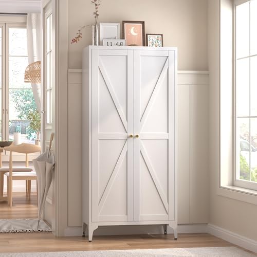 65'' Tall Metal Storage Cabinet, Kitchen Pantry Storage Cabinets with Doors and 3 Adjustable Shelves, White Food Pantry Cabinets for Dining Room, Living Room, Office, White