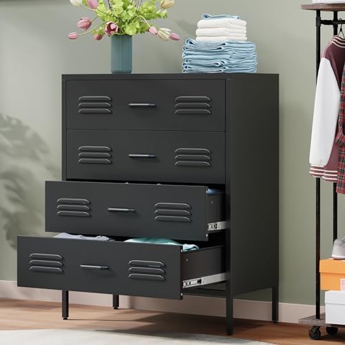 Black Metal 4 Drawer Dresser for Bedroom, Chest of Drawers for Closet, Bedroom Dressers with Drawers, Metal Dressers & Chests of Drawers for Office, Bedroom, Living Room and Entryway