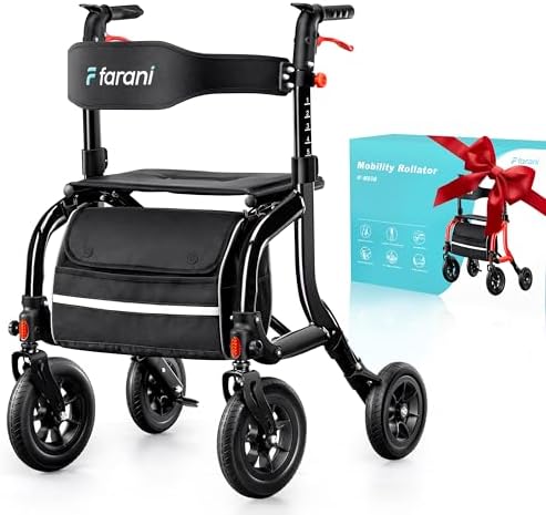 Farani Rollator Walker with Seat, Outdoor Rolling Walkers for Seniors - 10" Large All Terrain Rubber Wheels, Padded Seat and Backrest, Ergonomic Handles, Comfort on Grass