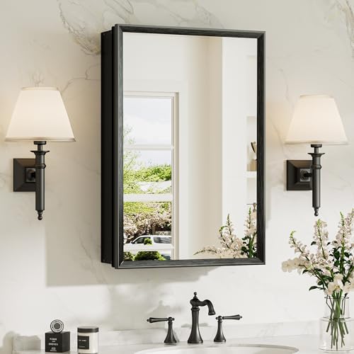 TokeShimi 16 x 24 Medicine Cabinet Mirror, Assembly Required, Black Mirror Medicine Cabinet for Bathroom, Beveled Aluminum Frame, Stepless Adjustable Shelves, Tempered Glass