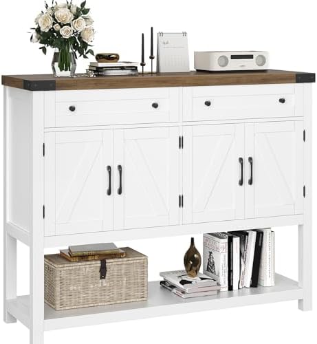 HOSTACK Buffet Sideboard Cabinet with Storage, 47.2" Modern Farmhouse Coffee Bar with 2 Drawers, Barn Doors Console Table with Shelf for Kitchen, Dining Room, Living Room, Entryway (White)