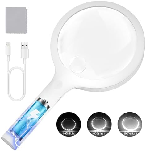 30X 40X Charge Magnifying Glass with Light, NUEYiO 4.33Inch Large Handheld Magnifying Glass 20 Daylight LEDs, Third Gear Dimming Lighted Magnifier for Seniors Reading Inspection Coin Jewelry- White