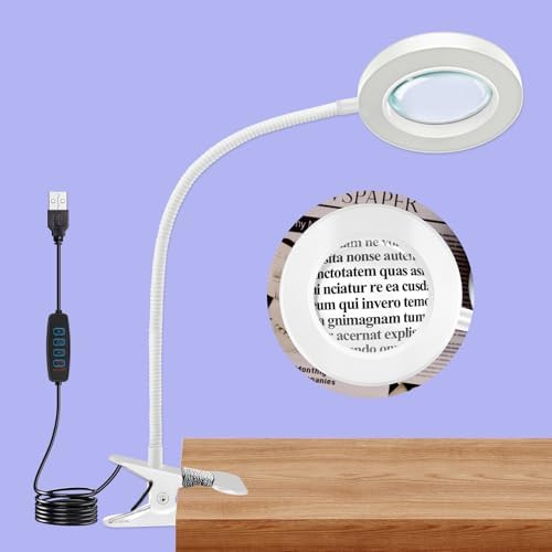 10X Magnifying Glass with Light, Clip on Mganifier with Light, 48 LED Desk Magnifying Glass wtih Clamp, 3 Modes Dimmable Magnifying LED Lamps for Bed Work Crafts DIY（White）