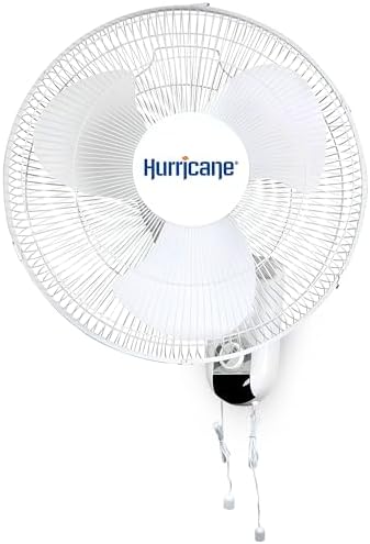 Hurricane Classic Oscillating Wall Mount Fan w/ 3 Quite Speeds, White, 16" - Corded Electric Air Cooling Unit w/Easy Pull Cord Controls for Home, Grow Tents, Offices, Sheds, Studios, Garages & Dorms