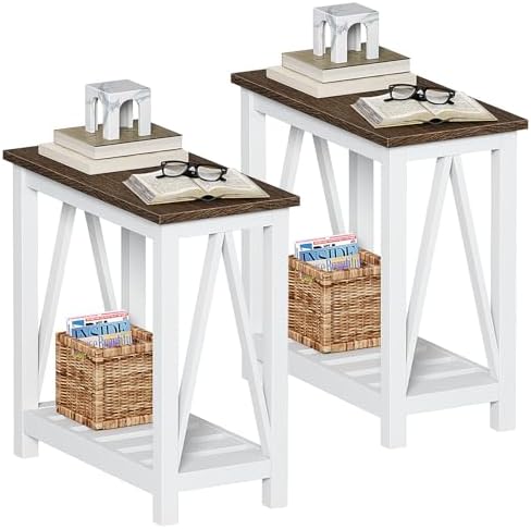 ChooChoo Farmhouse End Table Set of 2, Rustic Vintage Narrow End Side Table with Storage Shelf for Small Spaces, Nightstand Sofa Table for Living Room, Bedroom White