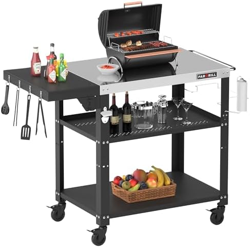46.6" L x 20" W Three-Shelf Outdoor Grill Table, 4 Swivel Casters with Brake, Movable Outdoor Prep Table with Foldable Side Table, Stainless Steel Pizza Oven Table, BBQ Grilling Table