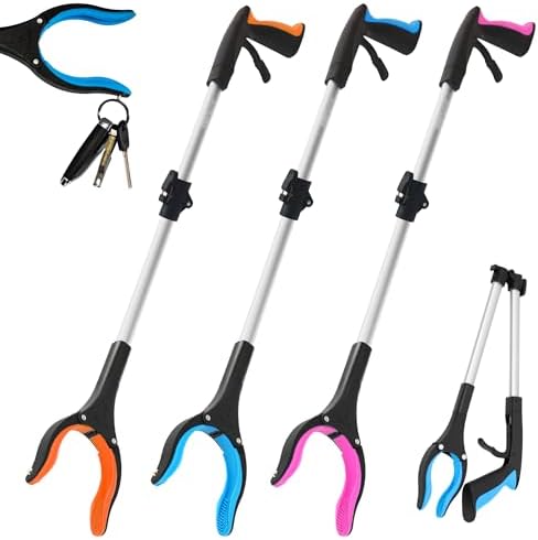 32" Grabber Reacher Tool – 3 Pack Foldable Reacher Grabber Pickup Tools for Seniors, Disabled, Trash Pickup, and Hard-to-Reach Areas, Ergonomic Grip & Lightweight Design（Orange Blue Pink）