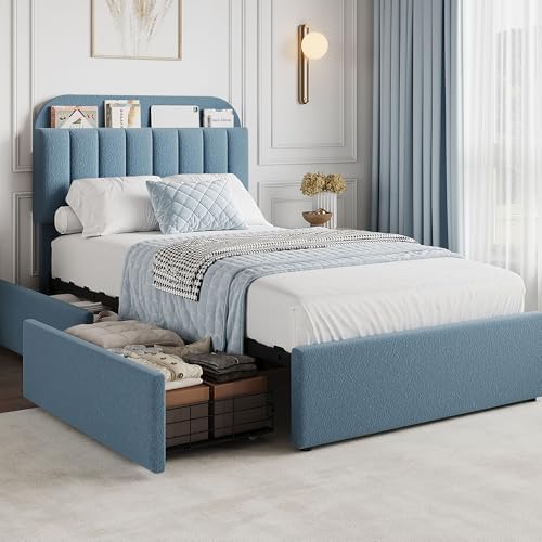 GarveeHome Twin Bed Frame with Storage Headboard, Kids Bed Frame with 2 Drawers, Boucle Upholstered Platform Bed with Bookcase, No Box Spring Needed, Easy Assembly, Blue
