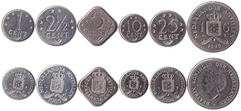 6 Coins from Netherlands Antilles | Netherlands Antillean Coin Set Collection 1 2½ 5 10 25 Cents 1 Gulden | Circulated 1980-1985 | Beatrix