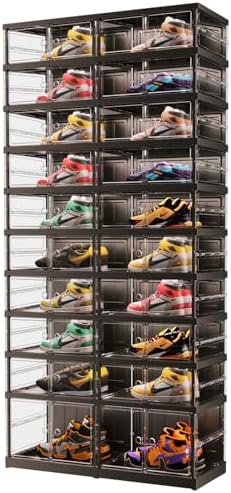 10 Tiers 20-40 Pairs Foldable Shoe Boxes Large Plastic Shoe Storage Rack Collapsible Shoe Organizer for Closet Clear Stackable Shoes Shelf Storage Cabinet with Doors Quick Assembly Black
