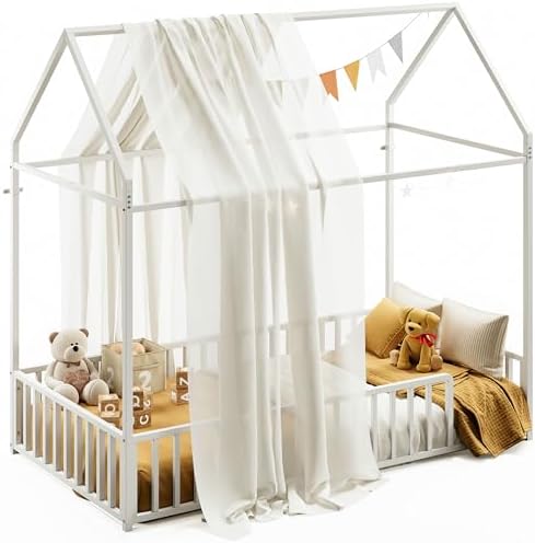 LIKIMIO Twin Floor Bed Frame with Roof & Fence Guardrails Metal House Bed for Bedroom, Easy Assemble, No Box Spring Needed, White