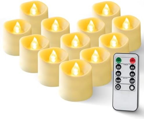 5plots 400+ Hour Remote Control Flameless Votive Candles, Flickering Battery Operated LED Tea Lights, 2/4/6/8H Timer for Wedding, Table, Halloween, Christmas Decorations-Ivory (12 Pack)