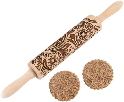 Embossed Wooden Rolling Pin for Baking,Evermarket Deep Engraved Embossing Rolling Pin with Christmas Snowflake Flower Design for Baking Embossed Cookies,Cute Kitchen Decor DIY Tool for Adults