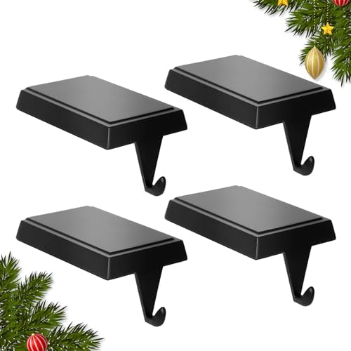 Christmas Stocking Holders for Mantle Set of 4, Heavy Weighted Metal Stocking Holders Hangers Low Profile Stocking Hooks Bases for Fireplace Table Xmas Holiday Party Decoration, Black