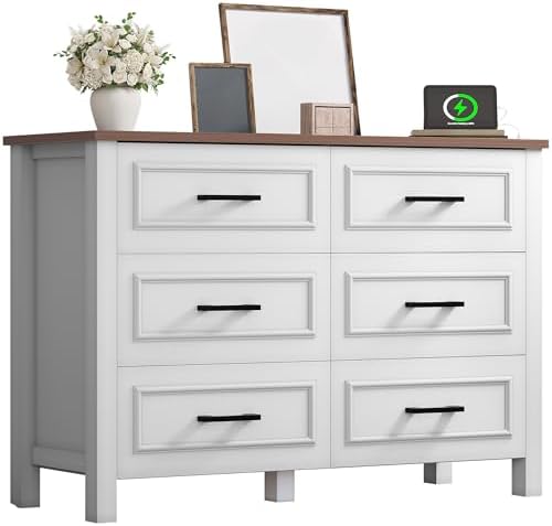 YITAHOME 6-Drawer Dresser with Built-in Power Outlet, Wood TV Stand with 6 Large Drawers & Bar Handles, Dresser Chest of Drawers for Entryway Living Room Hallway, White & Walnut