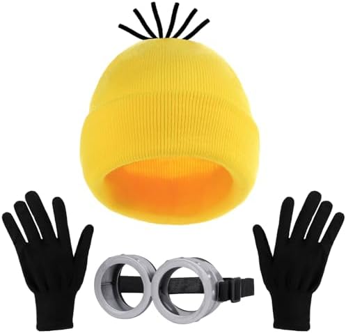 3Pcs Halloween Yellow Costumes Accessories, Steampunk Goggles Glasses/Black Gloves/Yellow Beanie Hat for Adults Men Women Cosplay Party Christmas Birthday Set