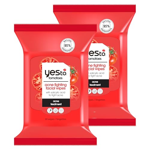 Yes To Tomatoes Clear Skin Acne Fighting Facial Wipes, Acne Prone Skin + Helps Control Oil + Salicylic Acid + 95% Natural Ingredients, 30 Count (Pack of 2)