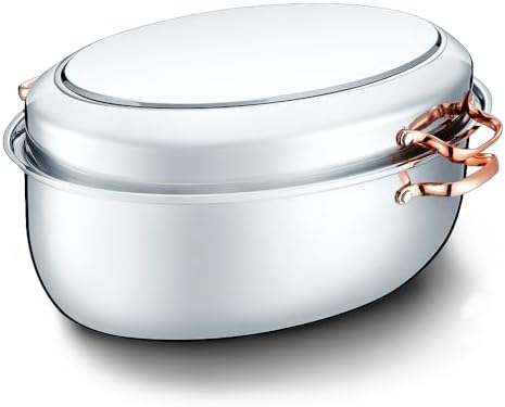 CONCORD Premium 12 Quart Stainless Steel Roasting Pan with Hangable Rack. Oval Turkey Roaster with Griddle Lid Multi-use Cookware