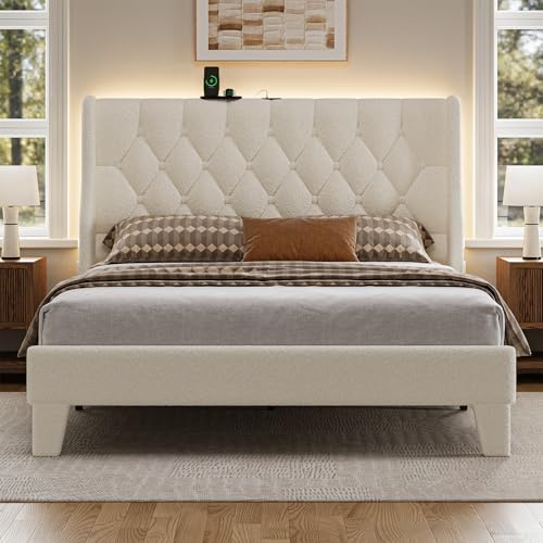 Queen Size Bed Frame White Platform Bed Frame with Type-C and USB Ports Wingback Bedframe with Headboard and Storage