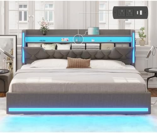 King Size Bed Frame with Marshmallow Headboard and Storage, King Bed Frame with LED Lights & Charging Station, Upholstered Platform Bed with Metal Support, No Noise, No Box Spring Needed,Gray